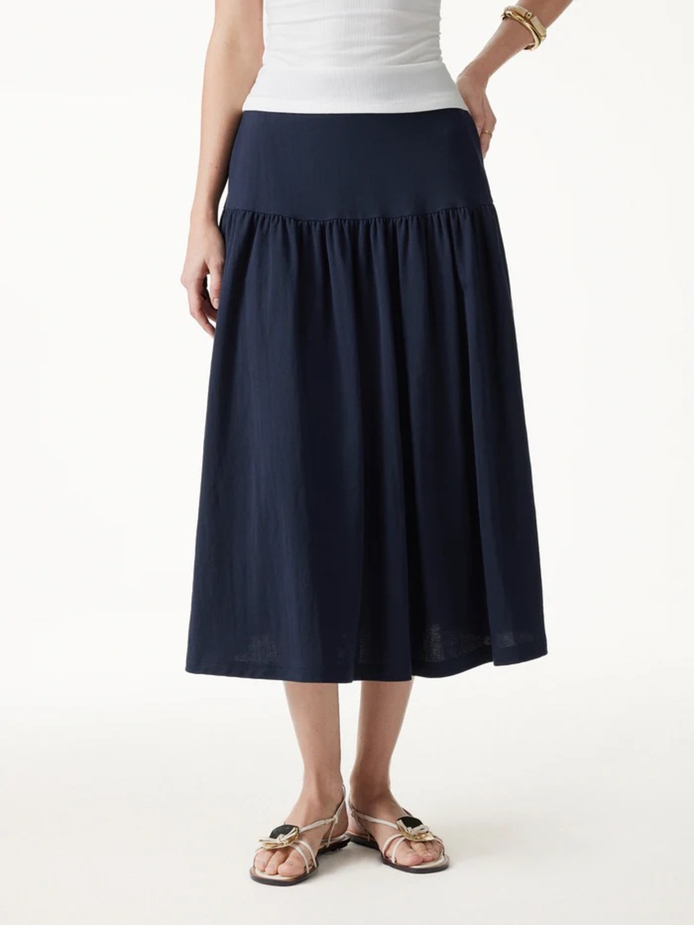 NWT OGL Cotton-Linen Gathered Midi Skirt with Pockets Smoky Navy Blue XS 0 2 $79 - Picture 2 of 9